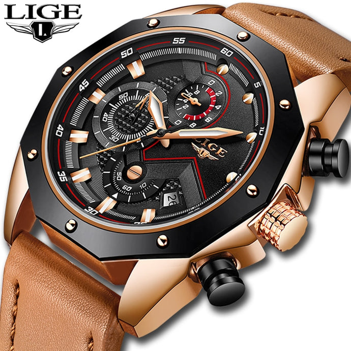 LIGE Luxury Quartz Gold Watch